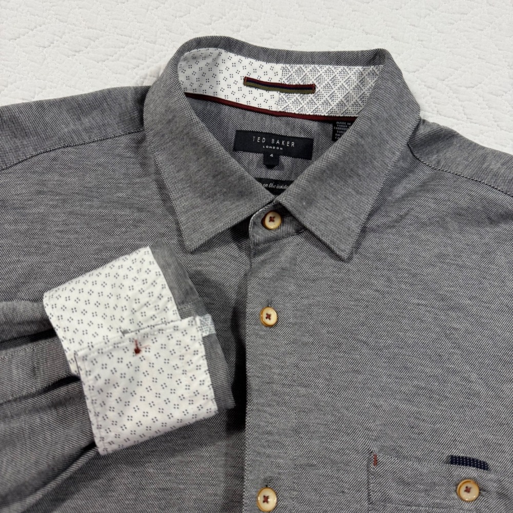 Ted Baker‎ Mens Button Down Shirt Size 4 Long Sleeve Textured Grey Flip Cuff EUC